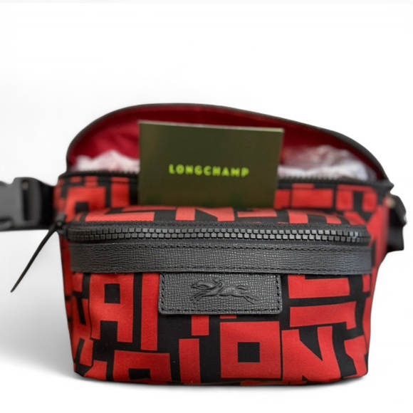 NWT Unisex Longchamp Black/Red Le Pliage Textile Belt Bag - Picture 2 of 7